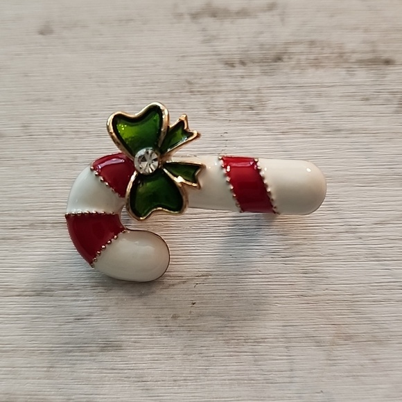 Red Green Gold Enamel and Rhinestone Christmas  Candy Cane - Picture 1 of 5